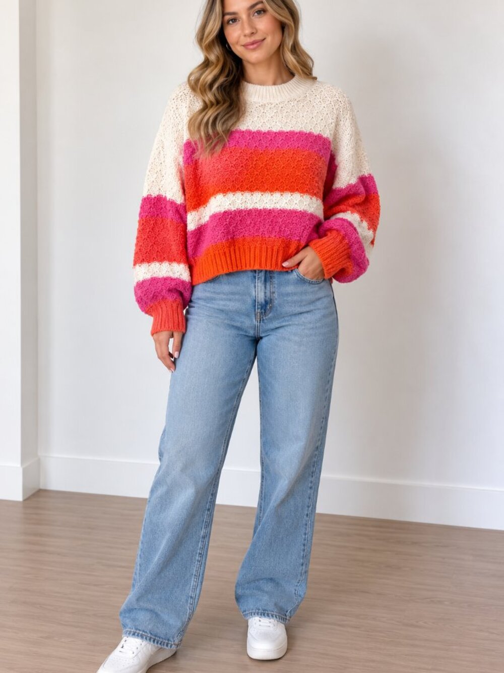 Striped Crewneck Sweater in Cream, Pink & Orange
